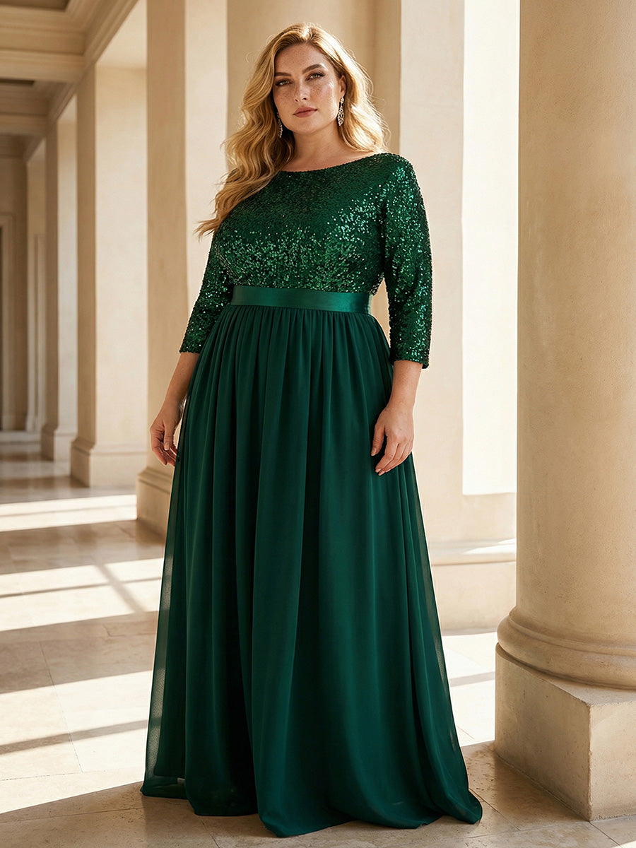 Plus Size Sequin 3/4 Sleeves Evening Dress #color_Dark Green