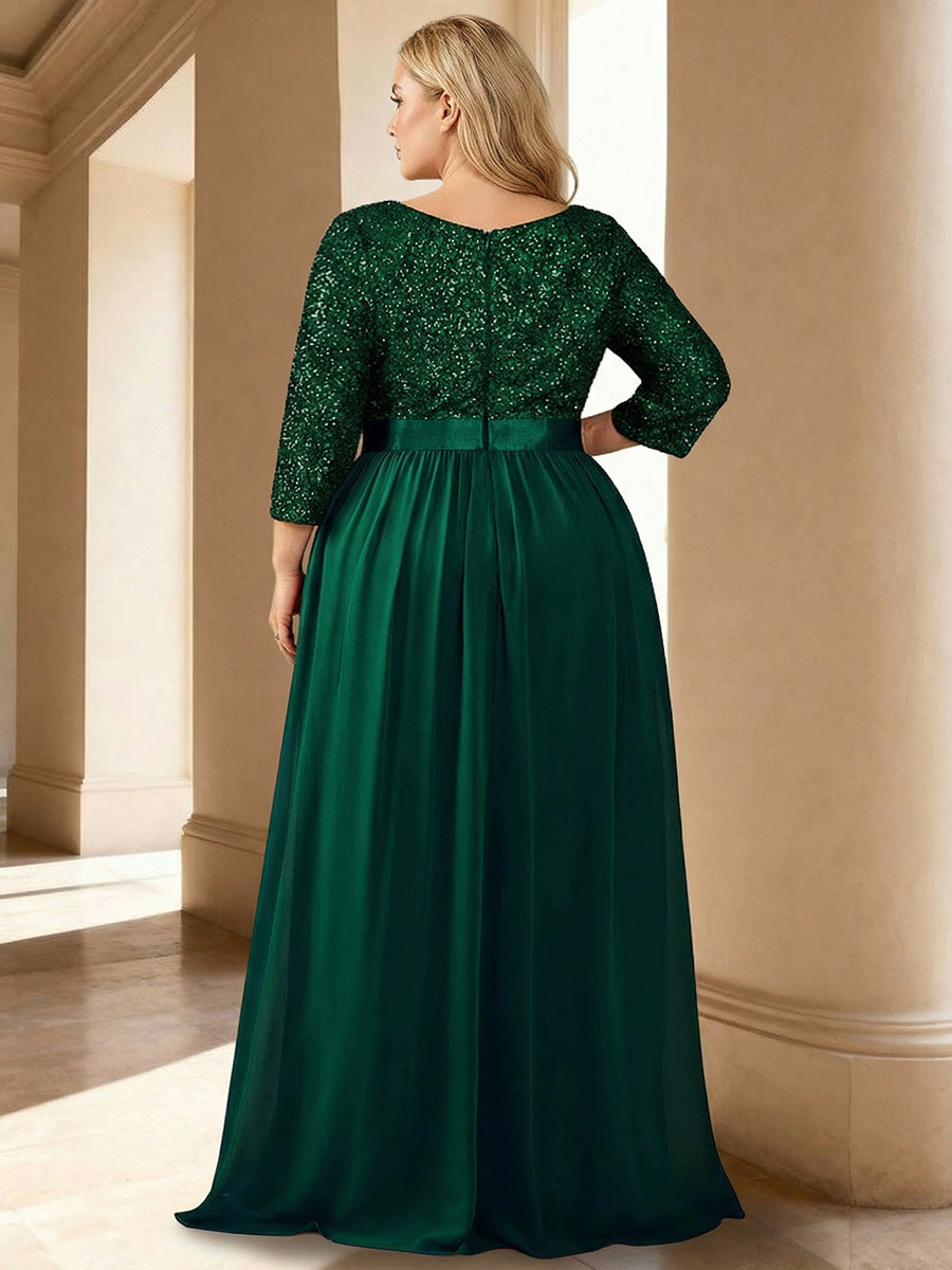 Plus Size Sequin 3/4 Sleeves Evening Dress #color_Dark Green