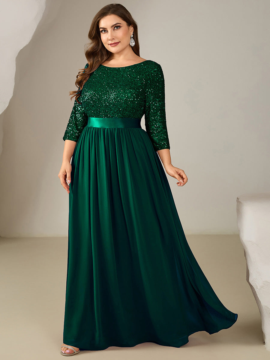Plus Size Sequin 3/4 Sleeves Evening Dress #color_Dark Green