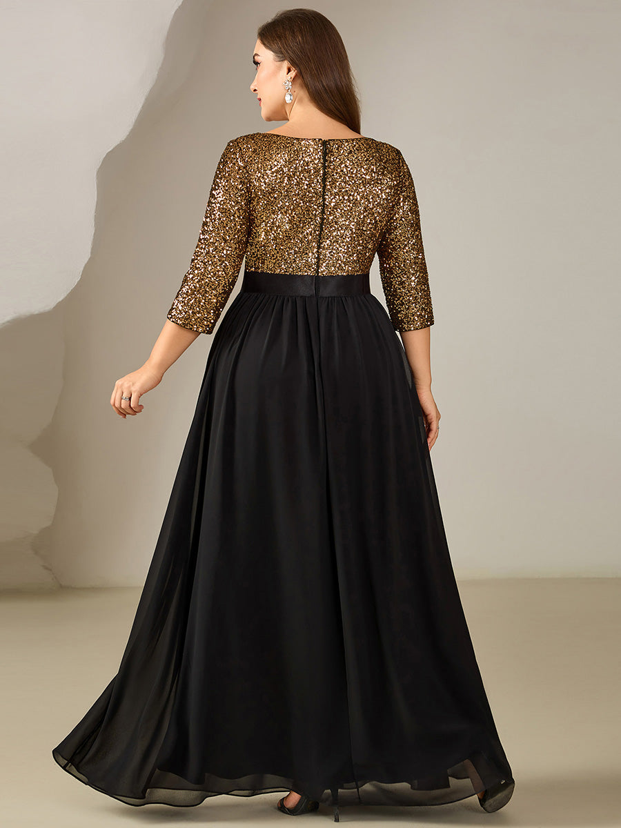Glitter A-Line Maxi Evening Dress with Chiffon #color_Black & Gold