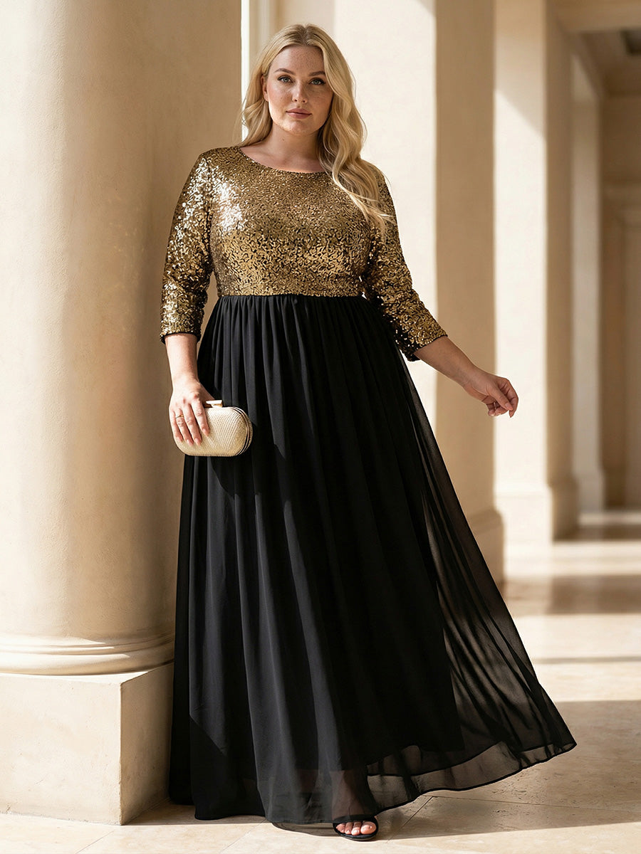 Plus Size Sequin 3/4 Sleeves Evening Dress #color_Black & Gold