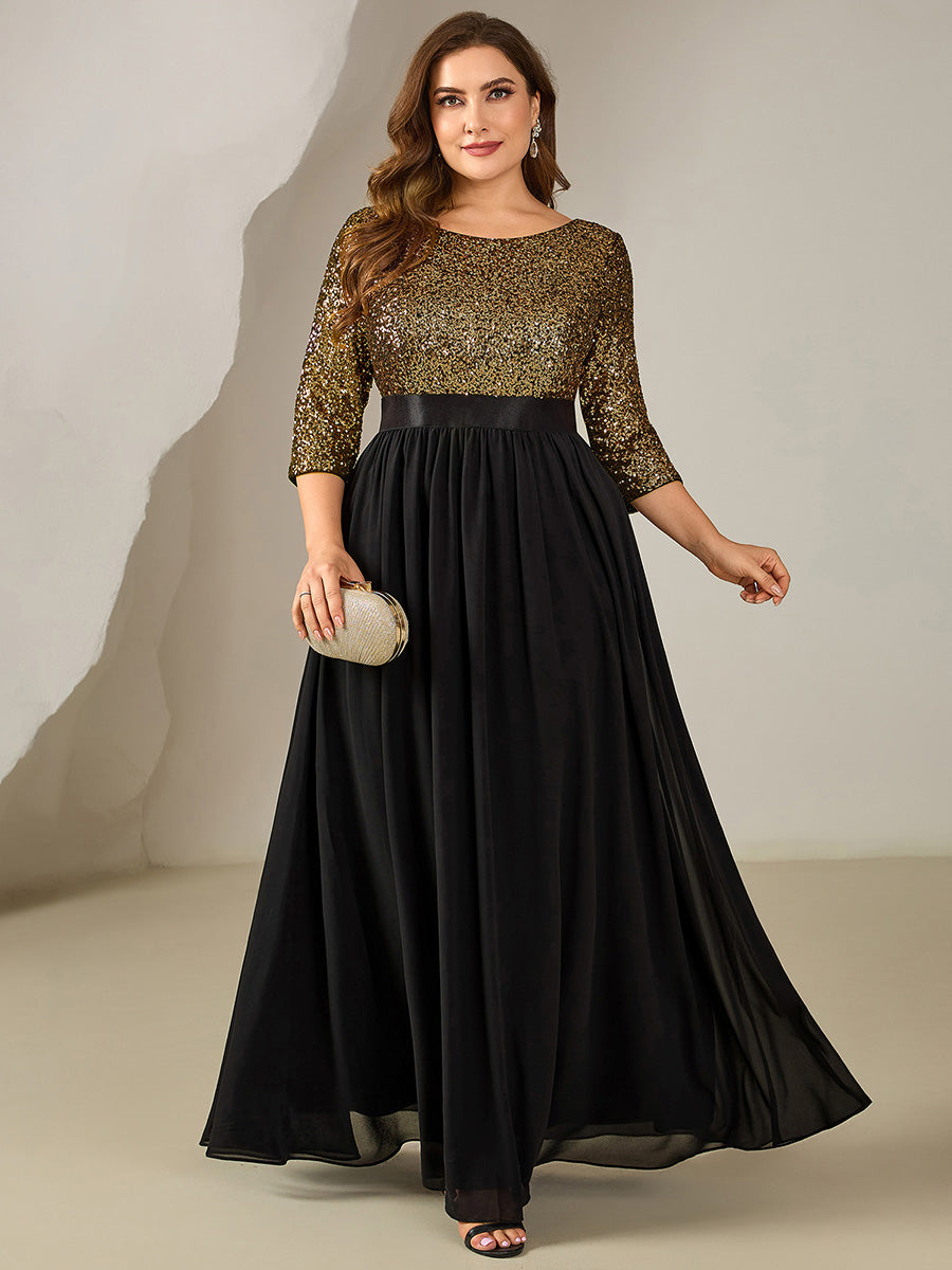 Plus Size Sequin 3/4 Sleeves Evening Dress #color_Black & Gold