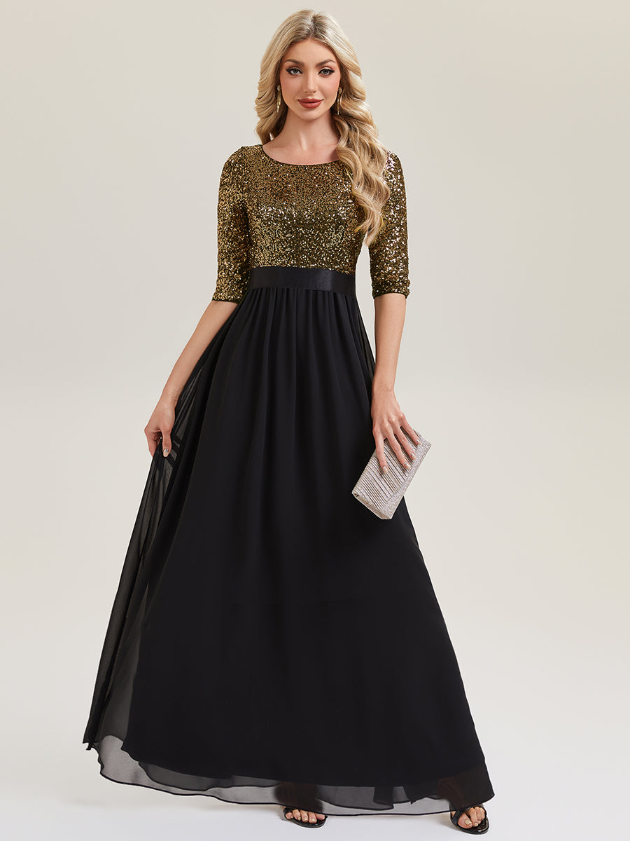 Glitter A-Line Maxi Evening Dress with Chiffon #color_Black & Gold