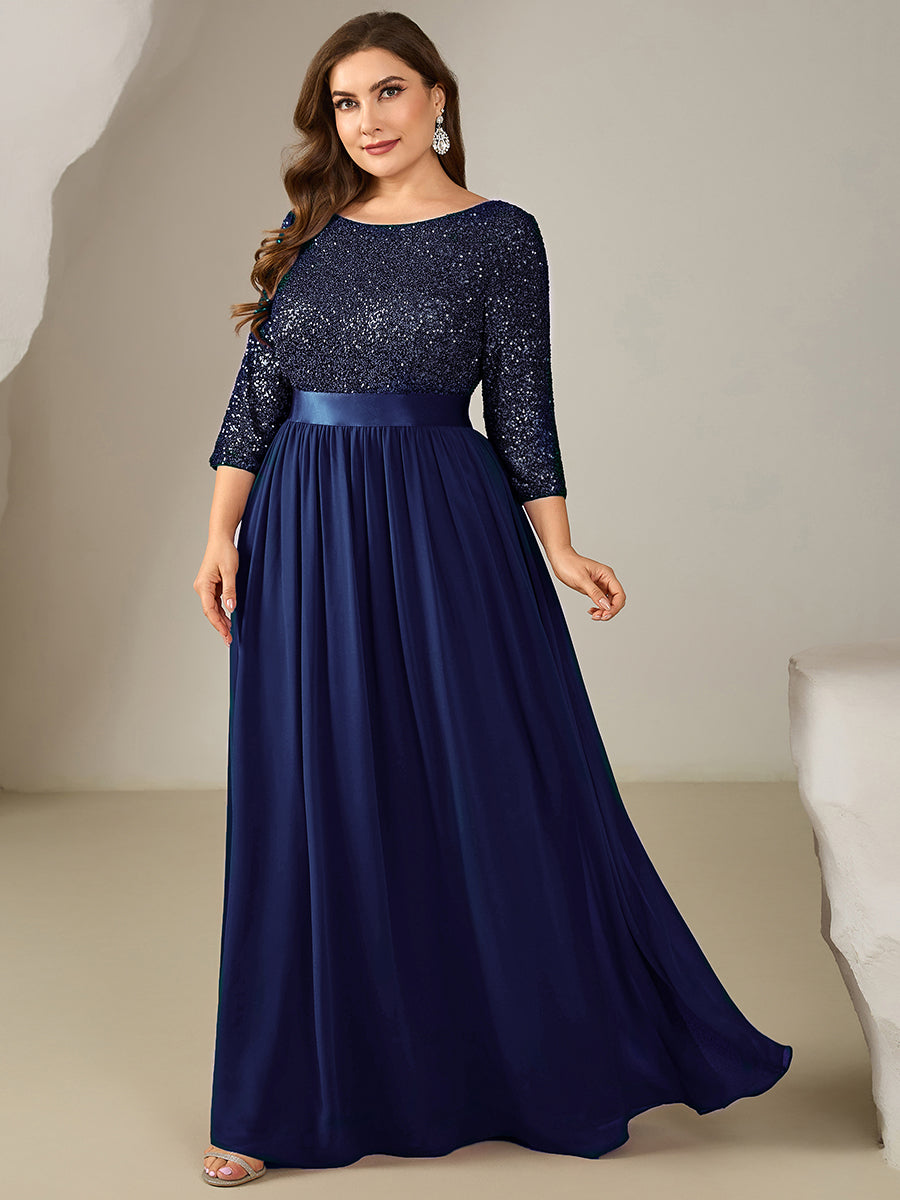 Glitter A-Line Maxi Evening Dress with Chiffon #color_Navy Blue