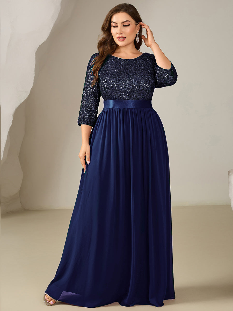 Glitter A-Line Maxi Evening Dress with Chiffon #color_Navy Blue
