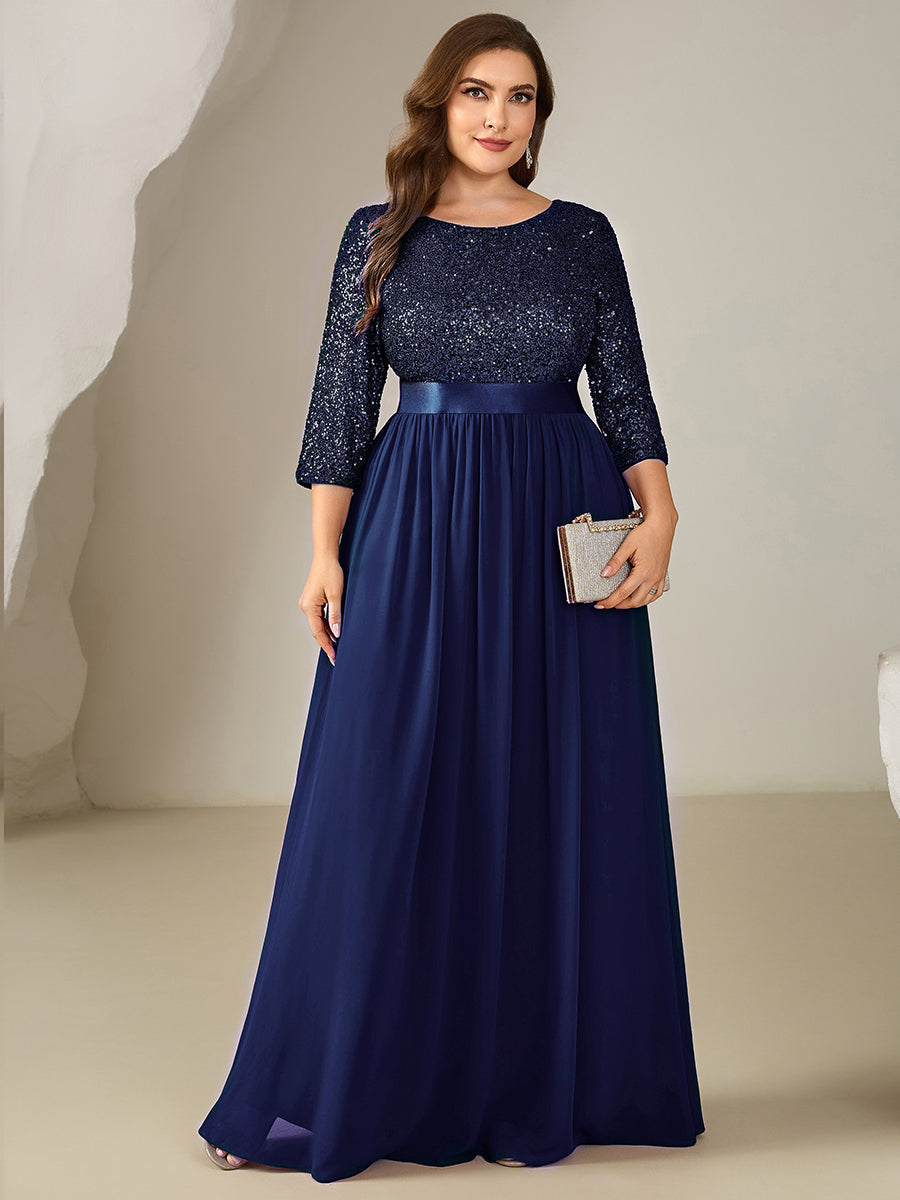 Plus Size Sequin 3/4 Sleeves Evening Dress #color_Navy Blue