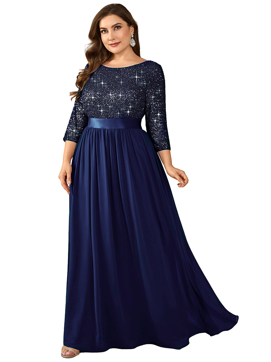 Glitter A-Line Maxi Evening Dress with Chiffon #color_Navy Blue