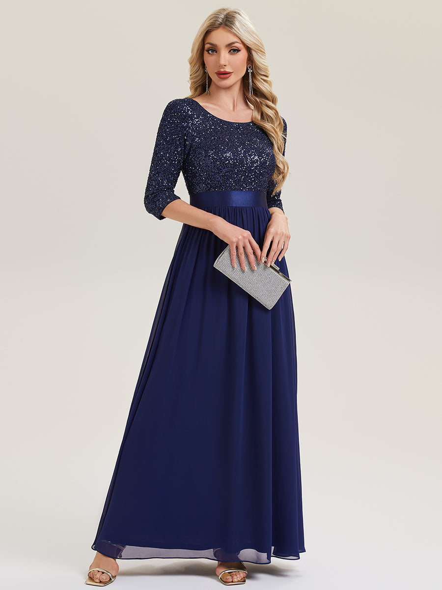 Glitter A-Line Maxi Evening Dress with Chiffon #color_Navy Blue