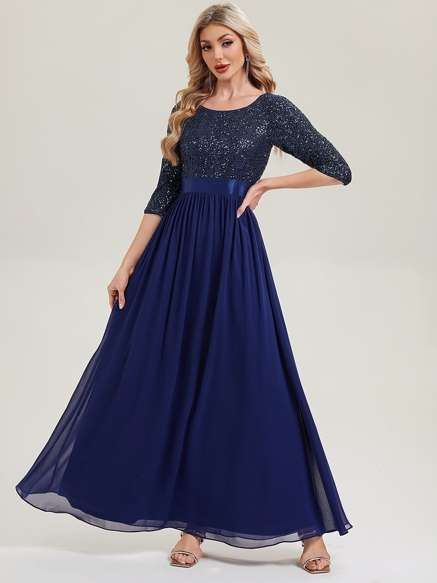 Glitter A-Line Maxi Evening Dress with Chiffon #color_Navy Blue