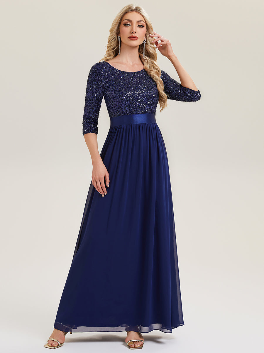 Glitter A-Line Maxi Evening Dress with Chiffon #color_Navy Blue