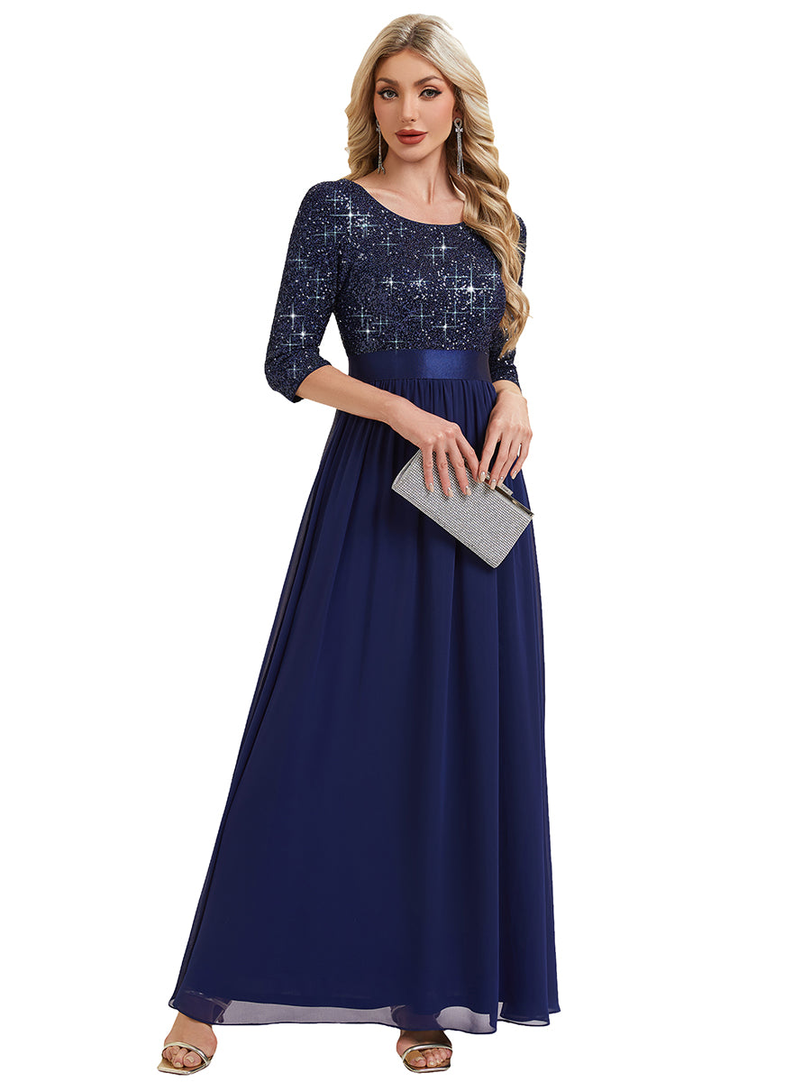 Glitter A-Line Maxi Evening Dress with Chiffon #color_Navy Blue