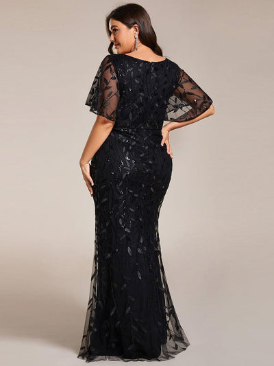 Fashion Plus Size V Neck Mermaid Sequin & Tulle Evening Dress #color_Black