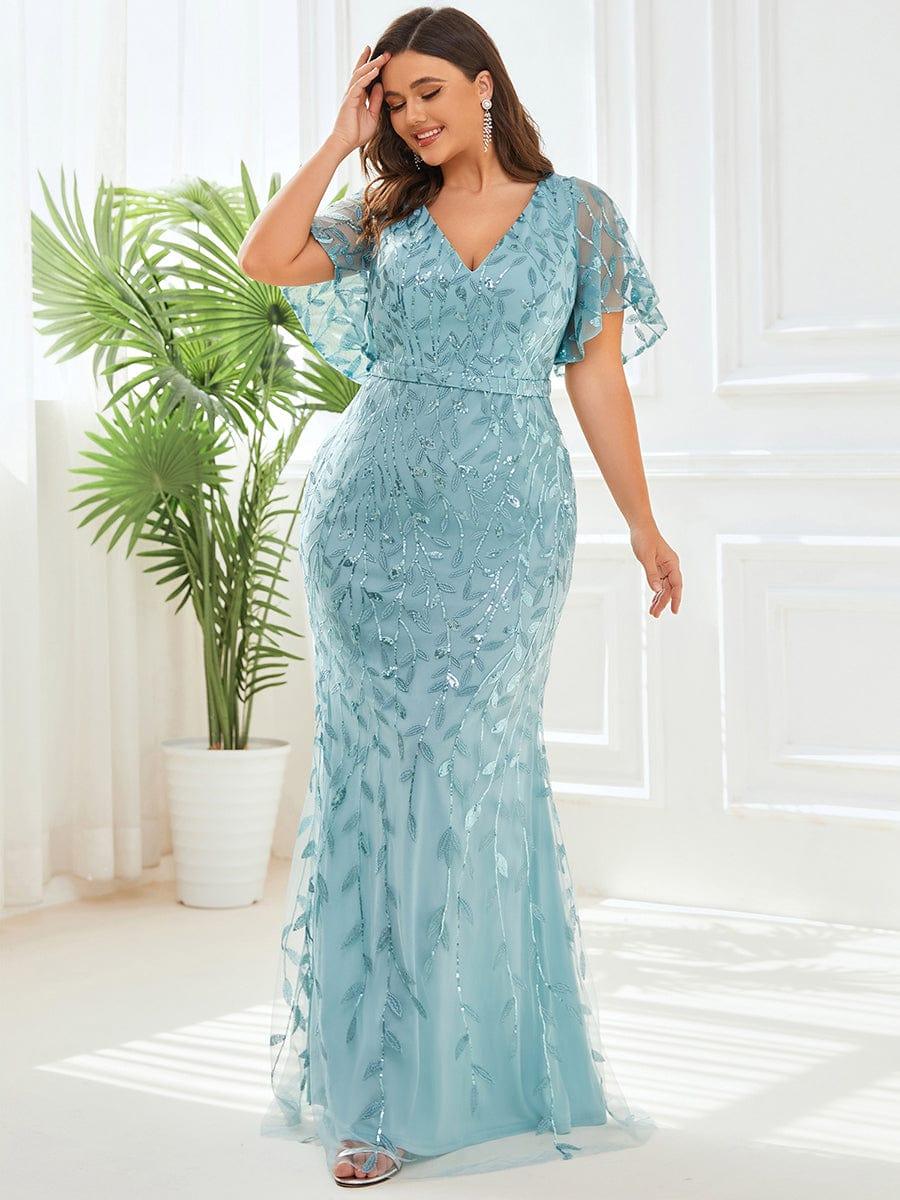 Fashion Plus Size V Neck Mermaid Sequin & Tulle Evening Dress #color_Light Teal