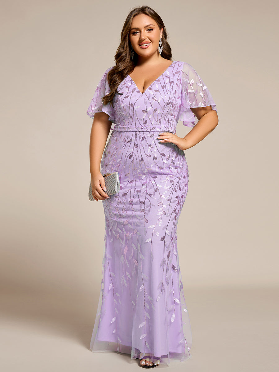 Fashion Plus Size V Neck Mermaid Sequin & Tulle Evening Dress #color_Lavender