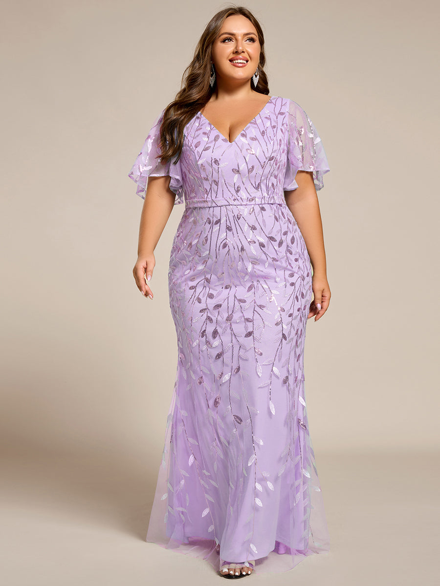 Gorgeous V Neck Leaf-Sequined Fishtail Party Dress #color_Lavender