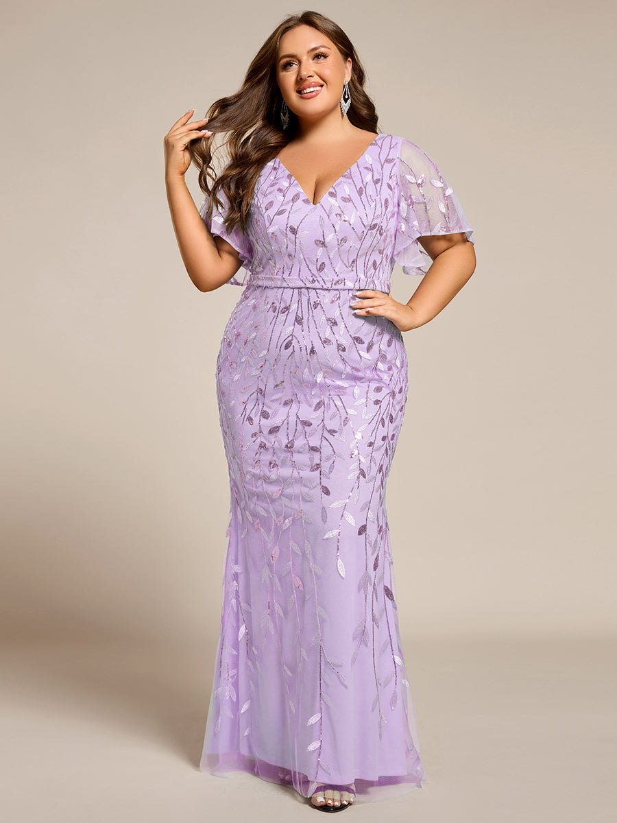 Gorgeous V Neck Leaf-Sequined Fishtail Party Dress #color_Lavender