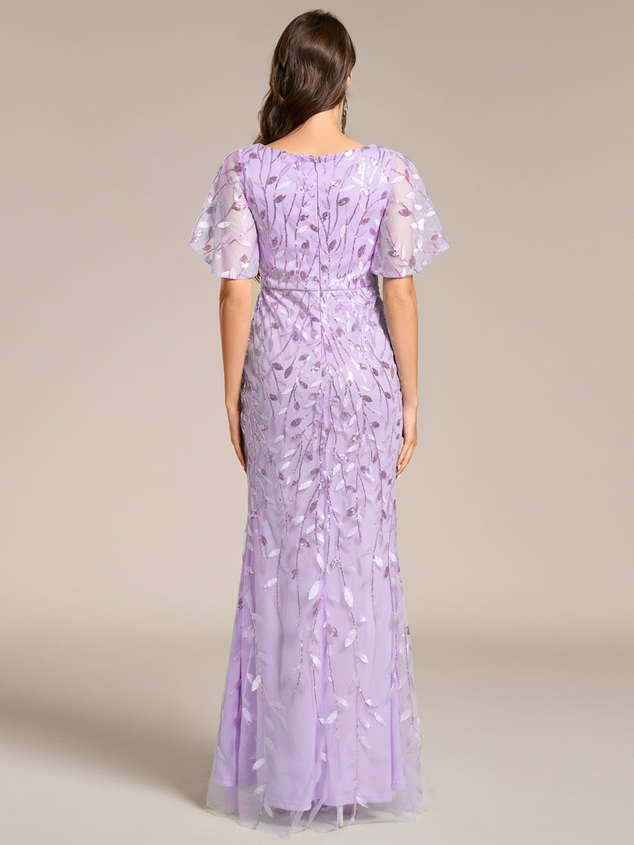 Gorgeous V Neck Leaf-Sequined Fishtail Party Dress #color_Lavender