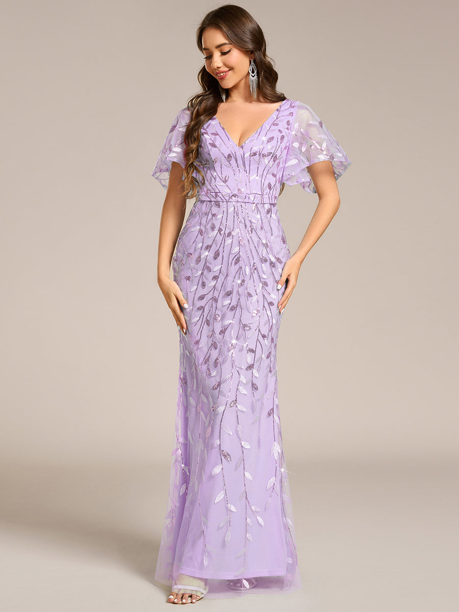 Gorgeous V Neck Leaf-Sequined Fishtail Party Dress #color_Lavender