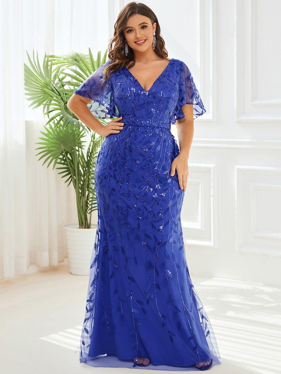 Fashion Plus Size V Neck Mermaid Sequin & Tulle Evening Dress #color_Sapphire Blue