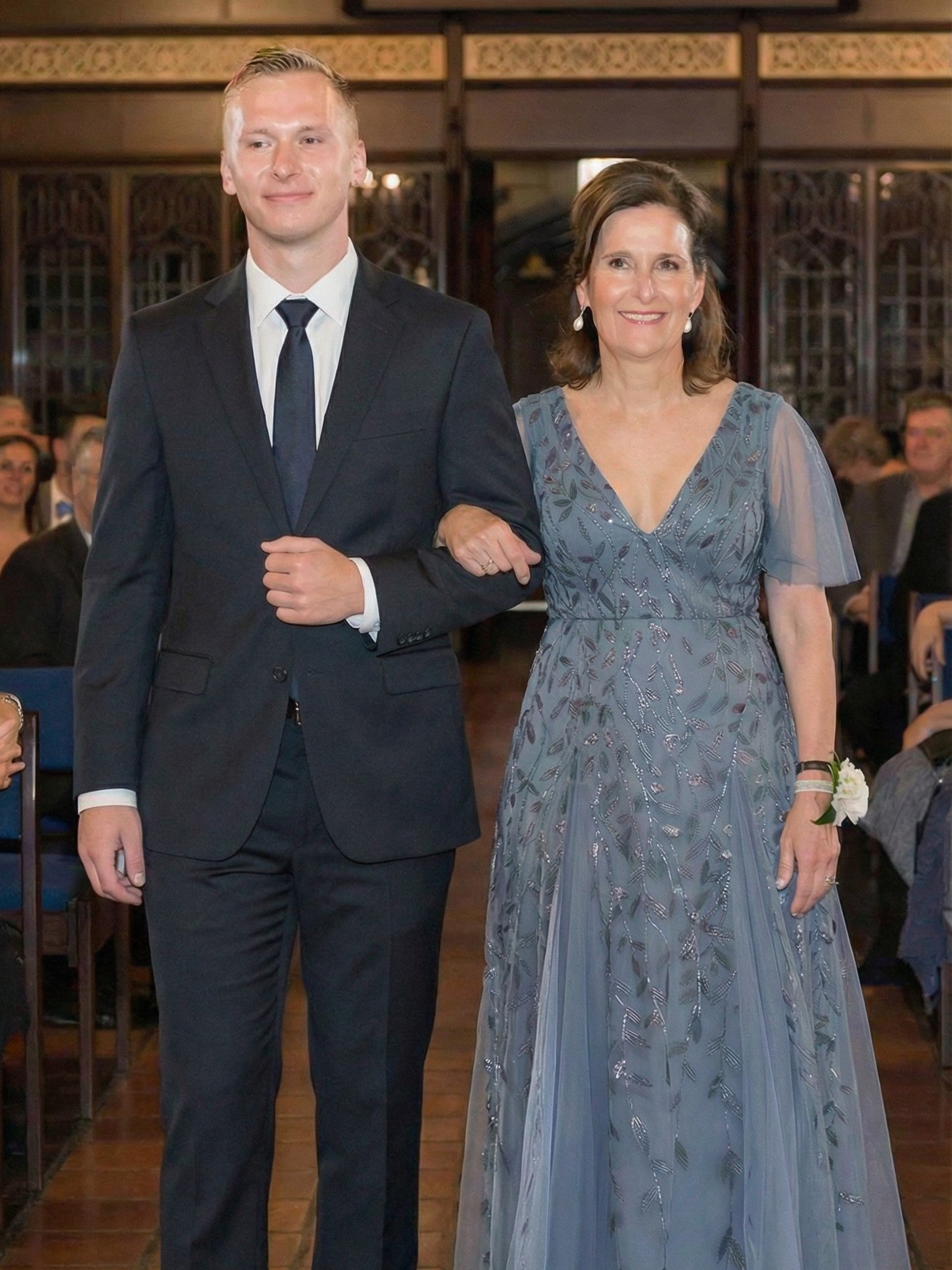 Shimmery V Neck Ruffle Sleeves Sequin Maxi Long Evening Dress #color_Dusty Blue