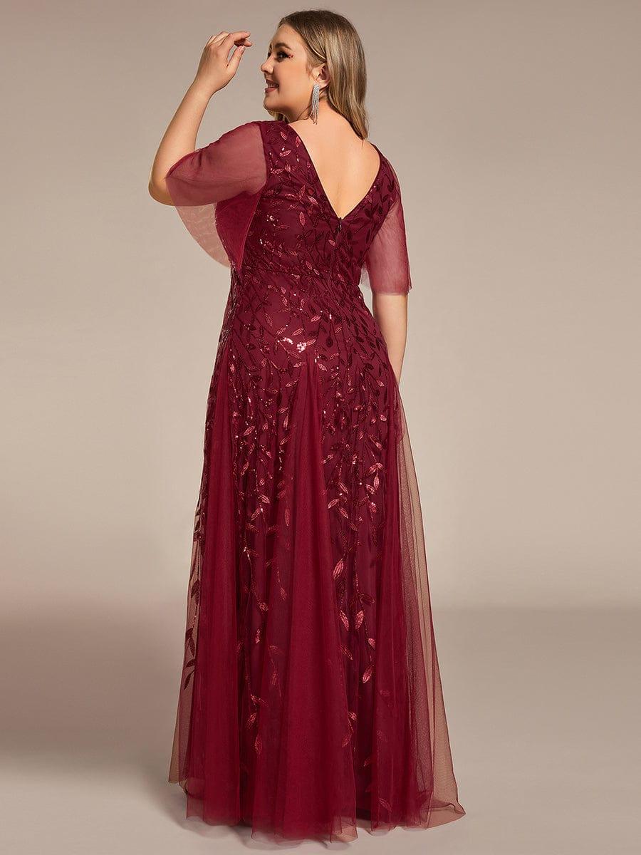Elegant Ruffle Sleeves Maxi Sequin Mother of the Bride Dress #color_Burgundy