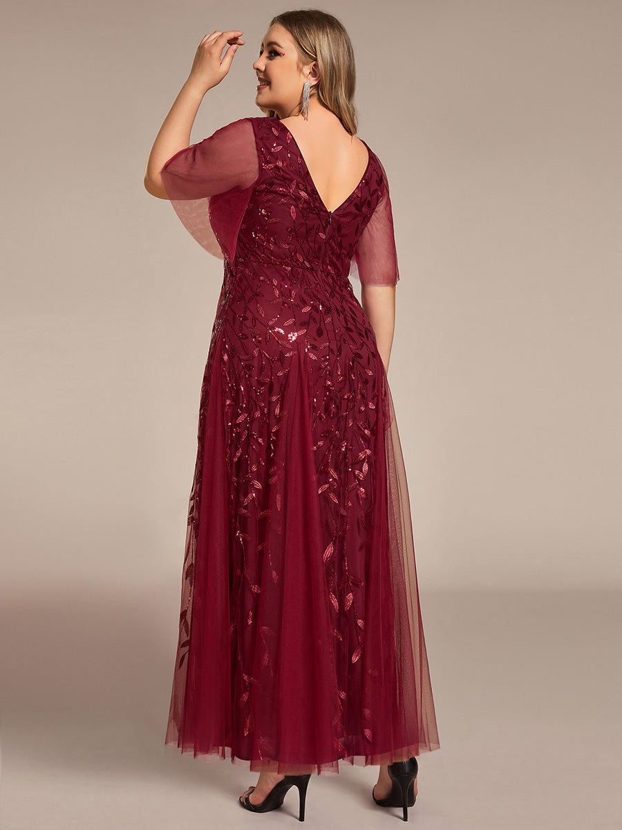 Elegant Ruffle Sleeves Maxi Sequin Mother of the Bride Dress #color_Burgundy