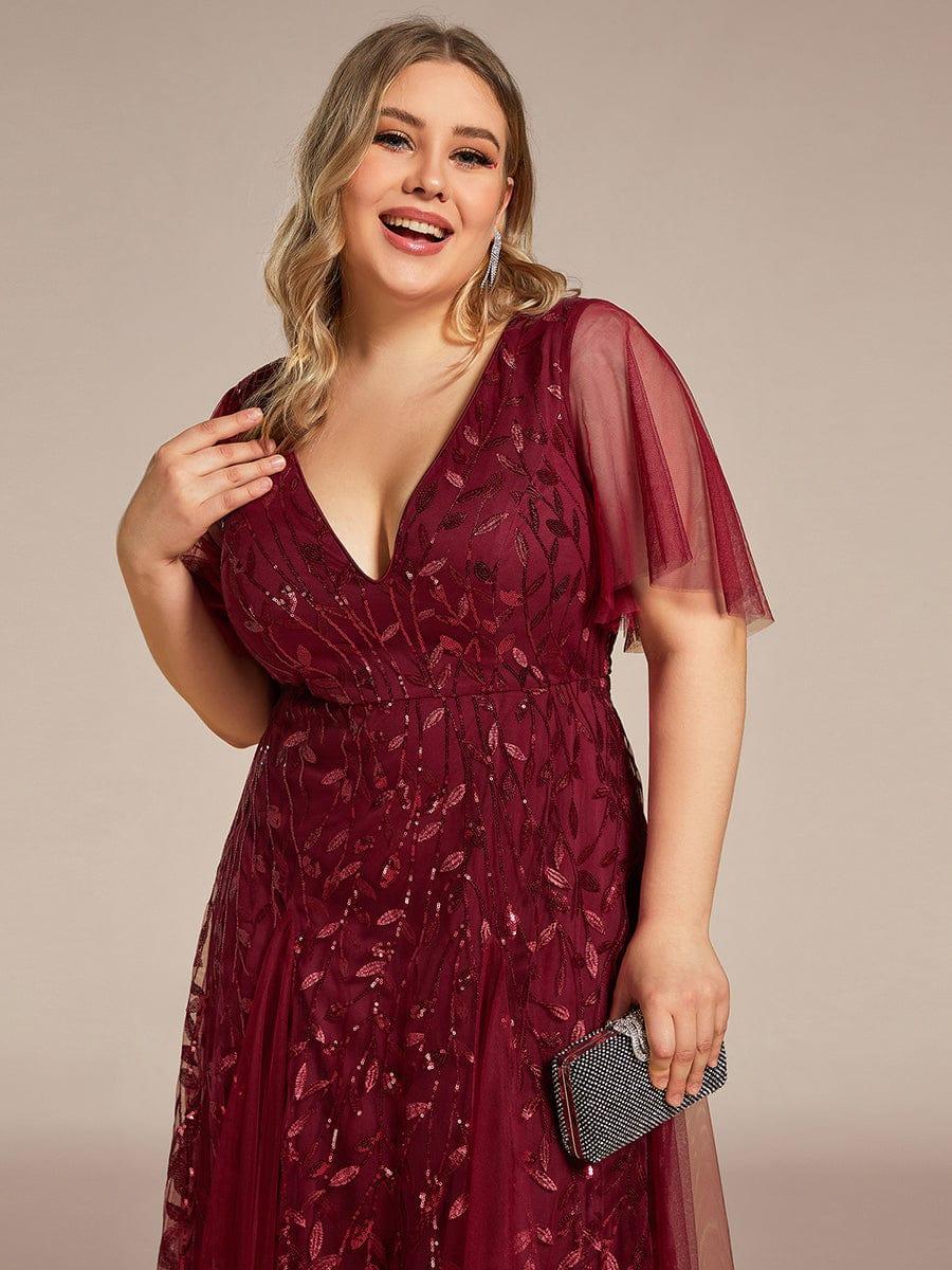 Ruffle Sleeves Leaf Sequin Maxi Bridesmaid Dress #color_Burgundy