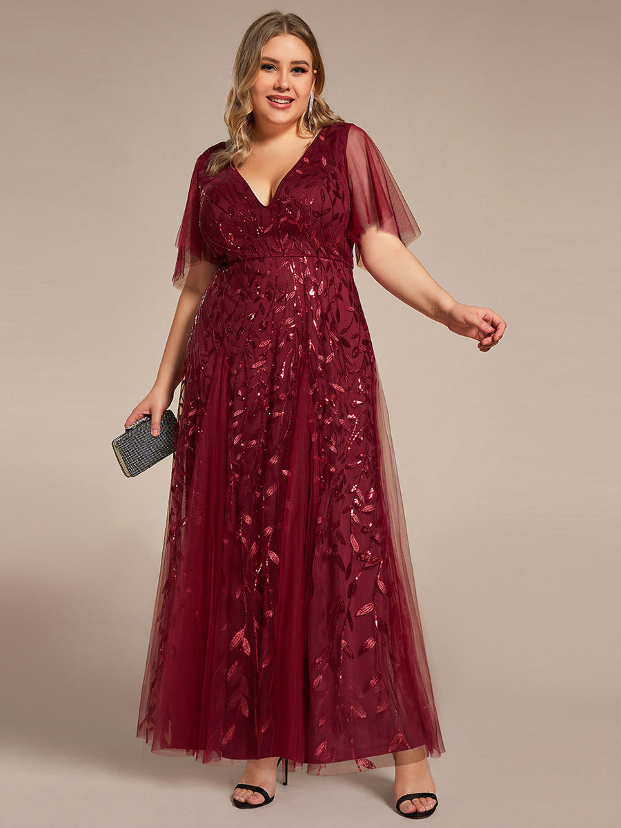 Ruffle Sleeves Leaf Sequin Maxi Bridesmaid Dress #color_Burgundy