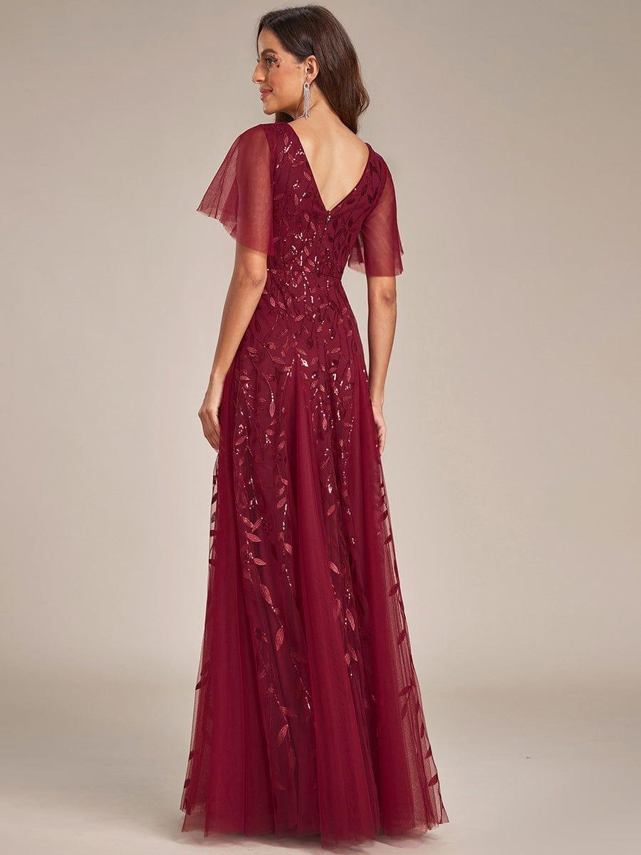 Ruffle Sleeves Leaf Sequin Maxi Bridesmaid Dress #color_Burgundy
