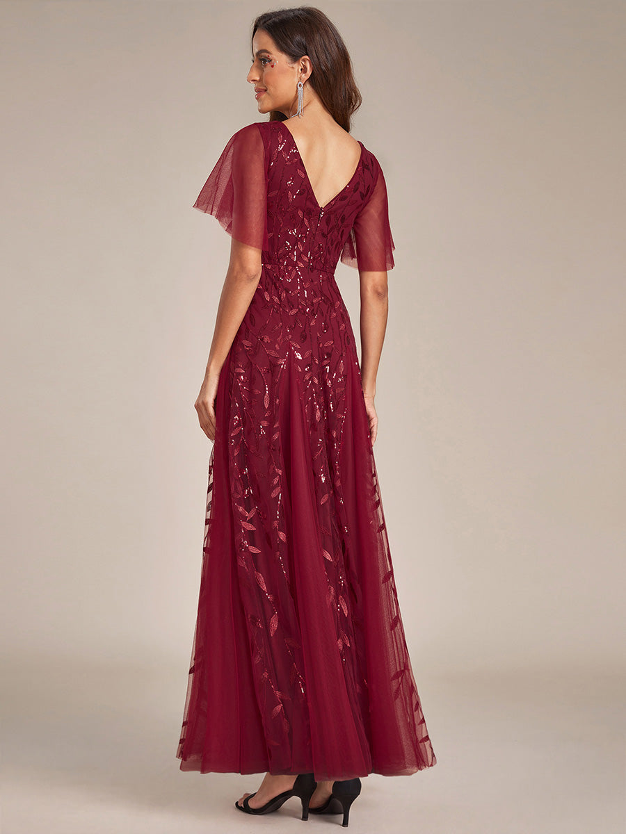 Elegant Ruffle Sleeves Maxi Sequin Mother of the Bride Dress #color_Burgundy