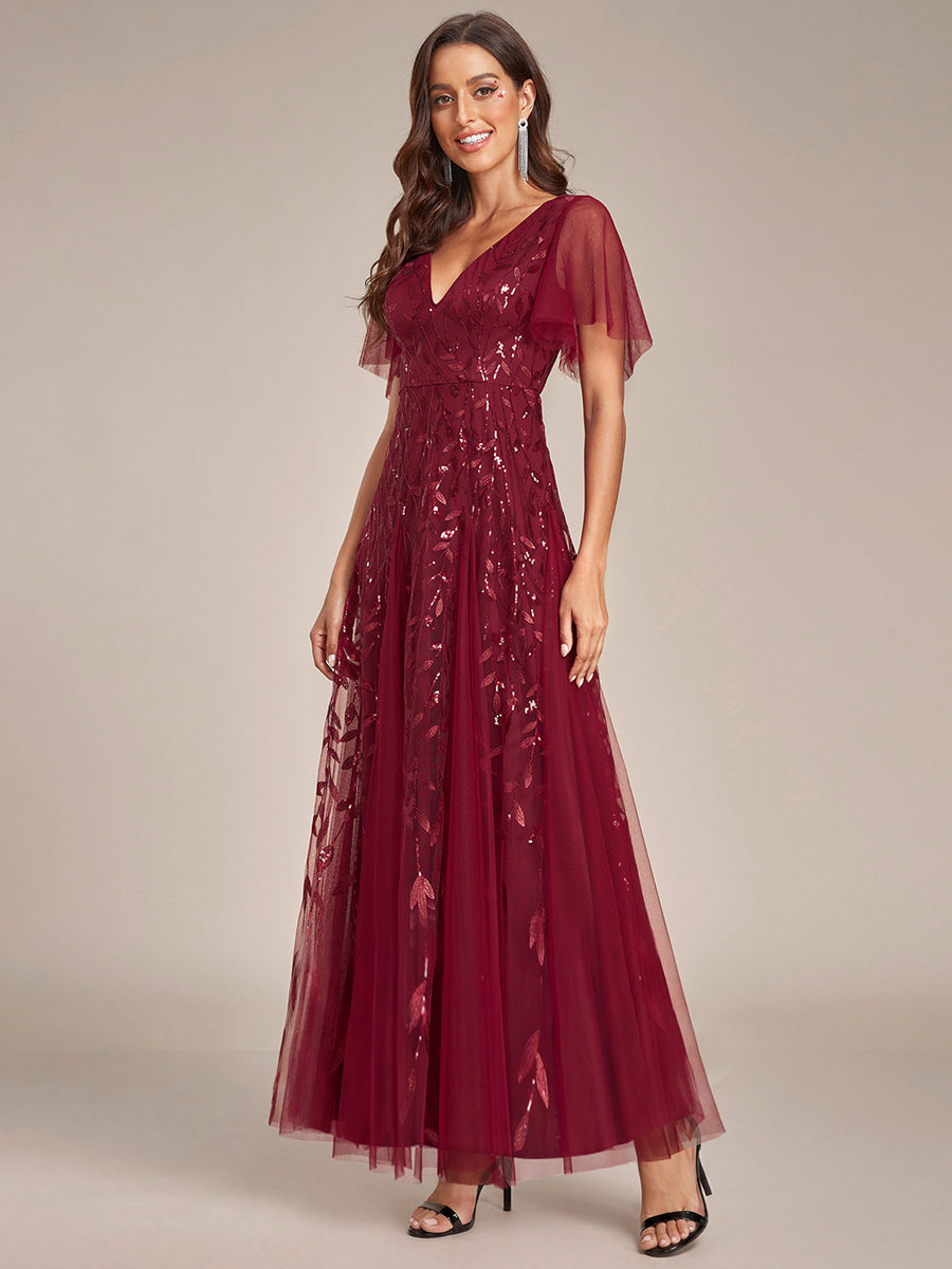 Shimmery V Neck Ruffle Sleeves Sequin Maxi Long Evening Dress #color_Burgundy