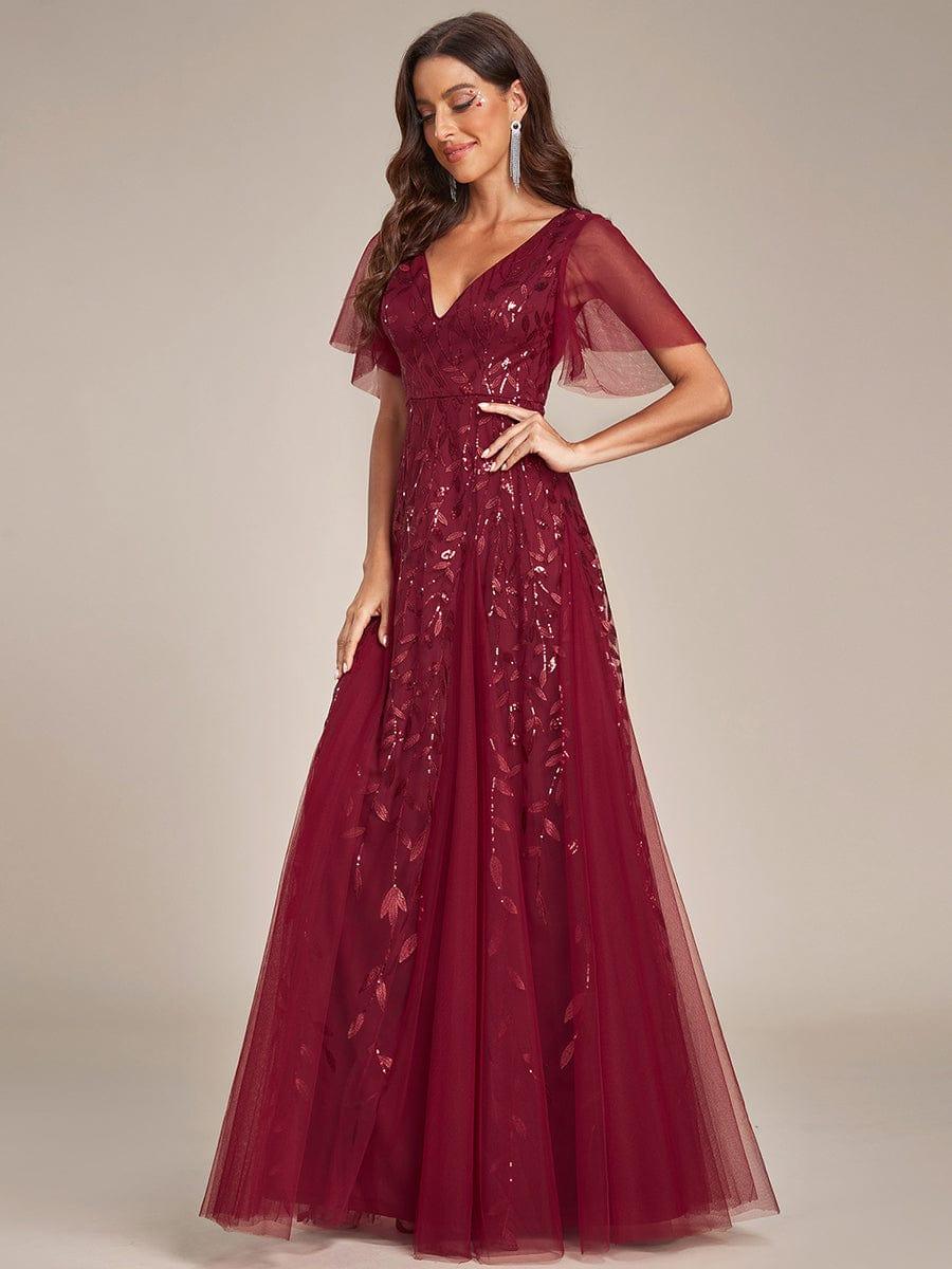 Elegant Ruffle Sleeves Maxi Sequin Mother of the Bride Dress #color_Burgundy