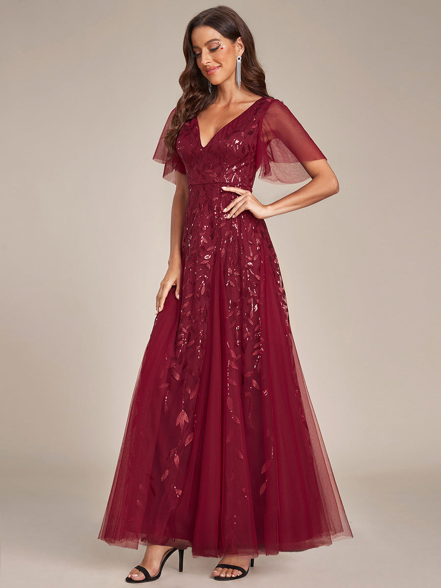 Elegant Ruffle Sleeves Maxi Sequin Mother of the Bride Dress #color_Burgundy