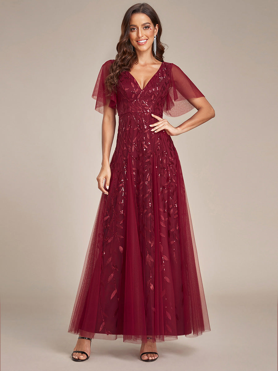 Shimmery V Neck Ruffle Sleeves Sequin Maxi Long Evening Dress #color_Burgundy