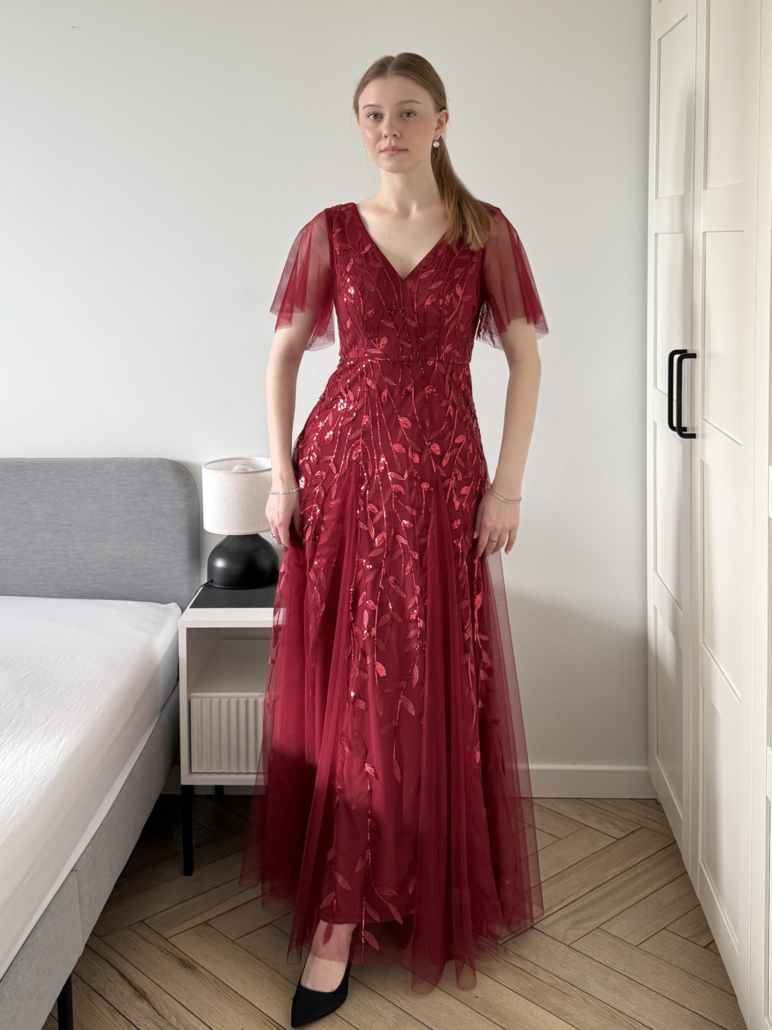 Ruffle Sleeves Leaf Sequin Maxi Bridesmaid Dress #color_Burgundy