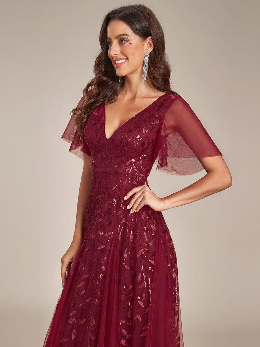 Ruffle Sleeves Leaf Sequin Maxi Bridesmaid Dress #color_Burgundy