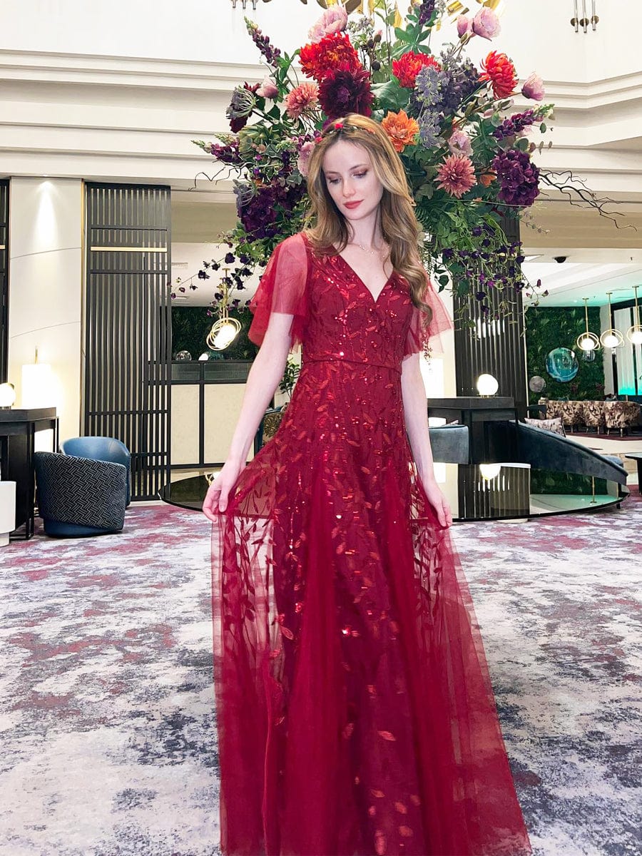 ever ASTRAL|Ruffle Sleeves Leaf Sequin Maxi Bridesmaid Dress Fan Photos 1