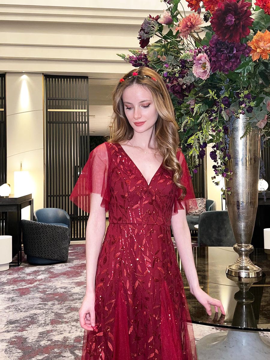 ever ASTRAL|Ruffle Sleeves Leaf Sequin Maxi Bridesmaid Dress Fan Photos 3