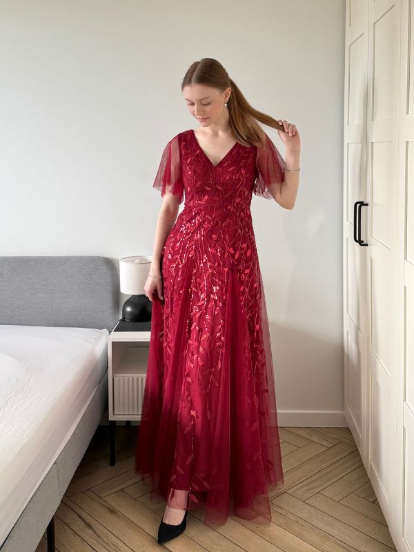 ever ASTRAL|Ruffle Sleeves Leaf Sequin Maxi Bridesmaid Dress Fan Photos 46