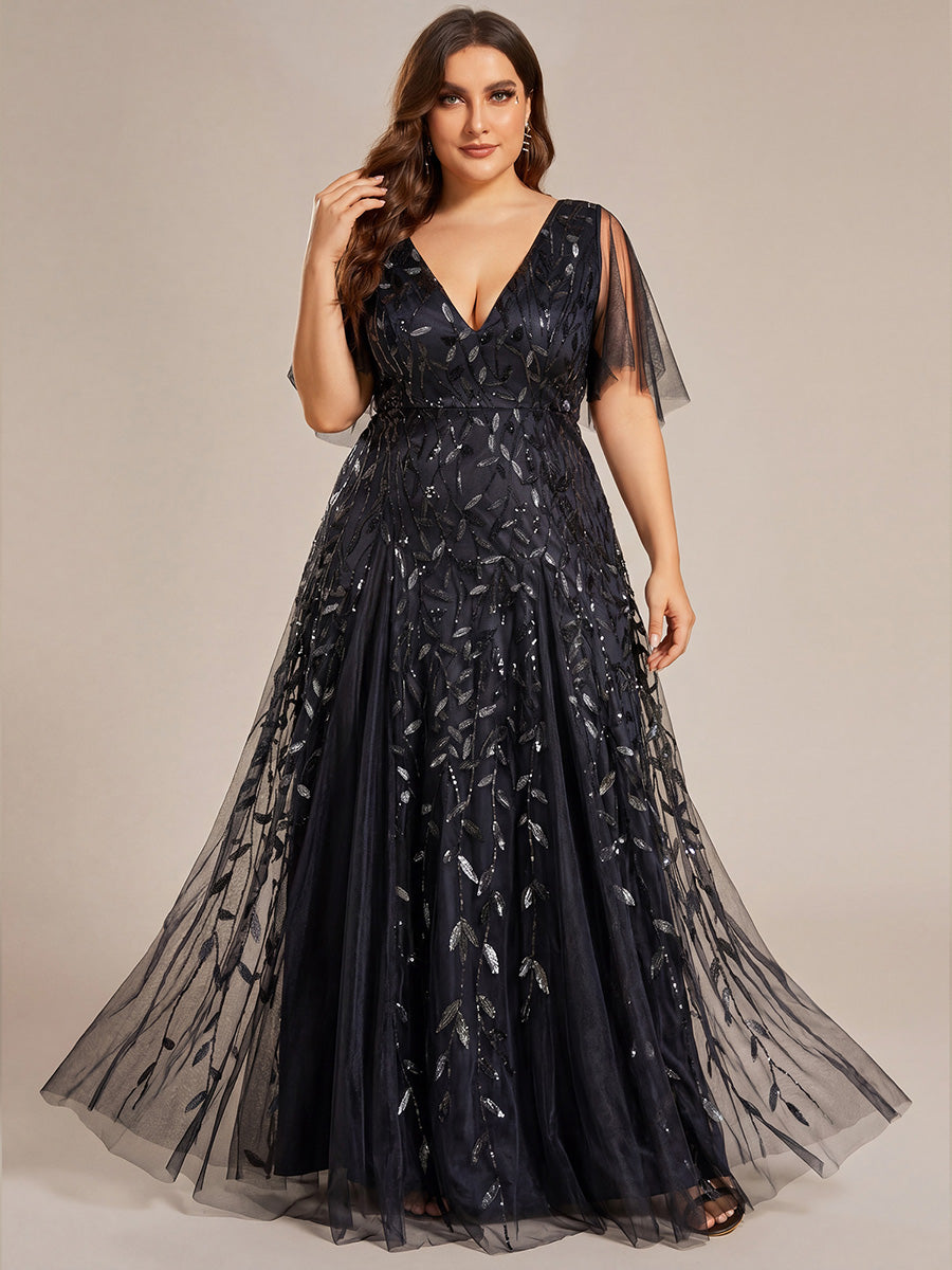 Elegant Ruffle Sleeves Maxi Sequin Mother of the Bride Dress #color_Black