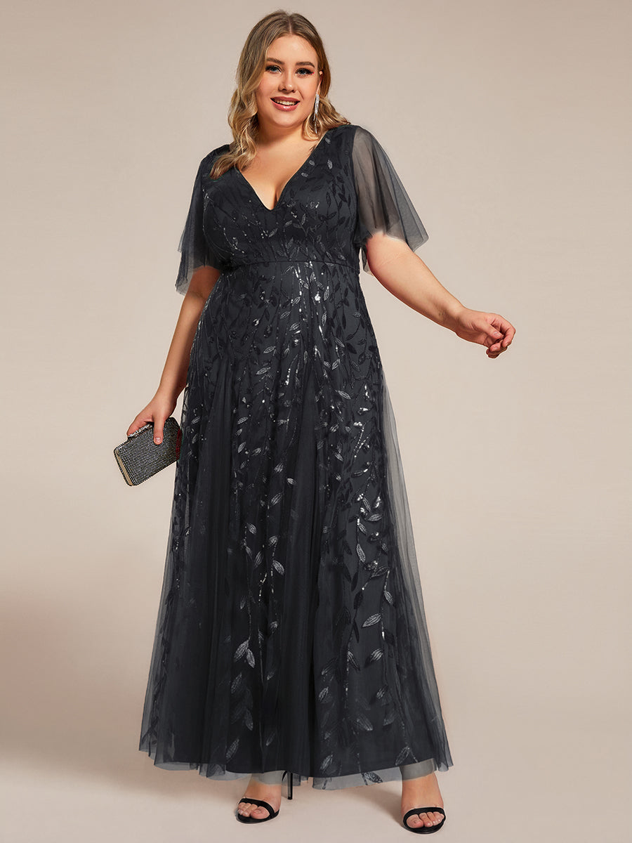 Elegant Ruffle Sleeves Maxi Sequin Mother of the Bride Dress #color_Black