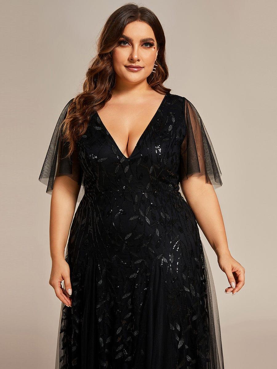 Elegant Ruffle Sleeves Maxi Sequin Mother of the Bride Dress #color_Black