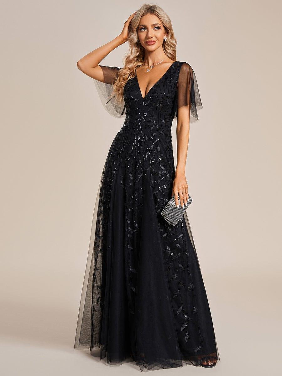 Shimmery V Neck Ruffle Sleeves Sequin Maxi Long Evening Dress #color_Black