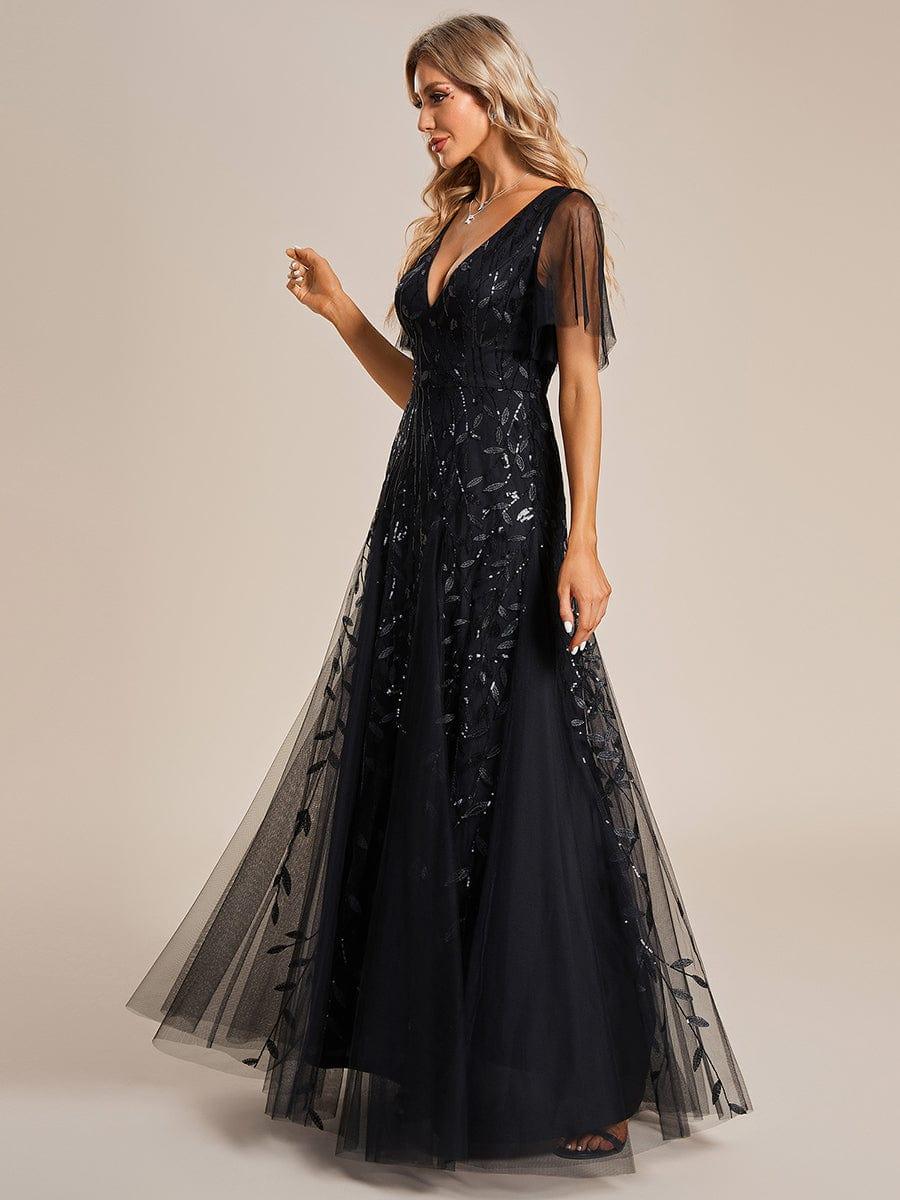 Elegant Ruffle Sleeves Maxi Sequin Mother of the Bride Dress #color_Black