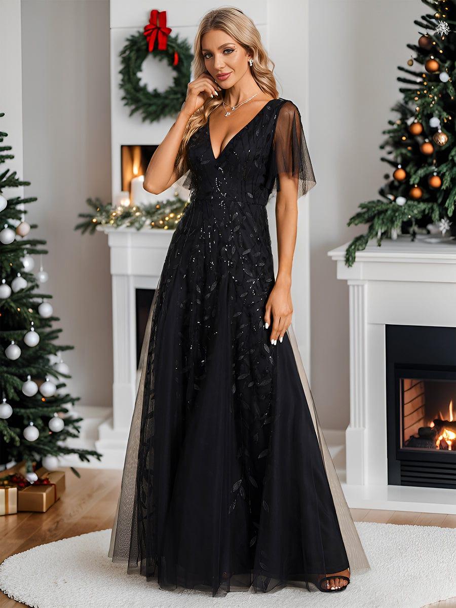 Elegant Ruffle Sleeves Maxi Sequin Mother of the Bride Dress #color_Black