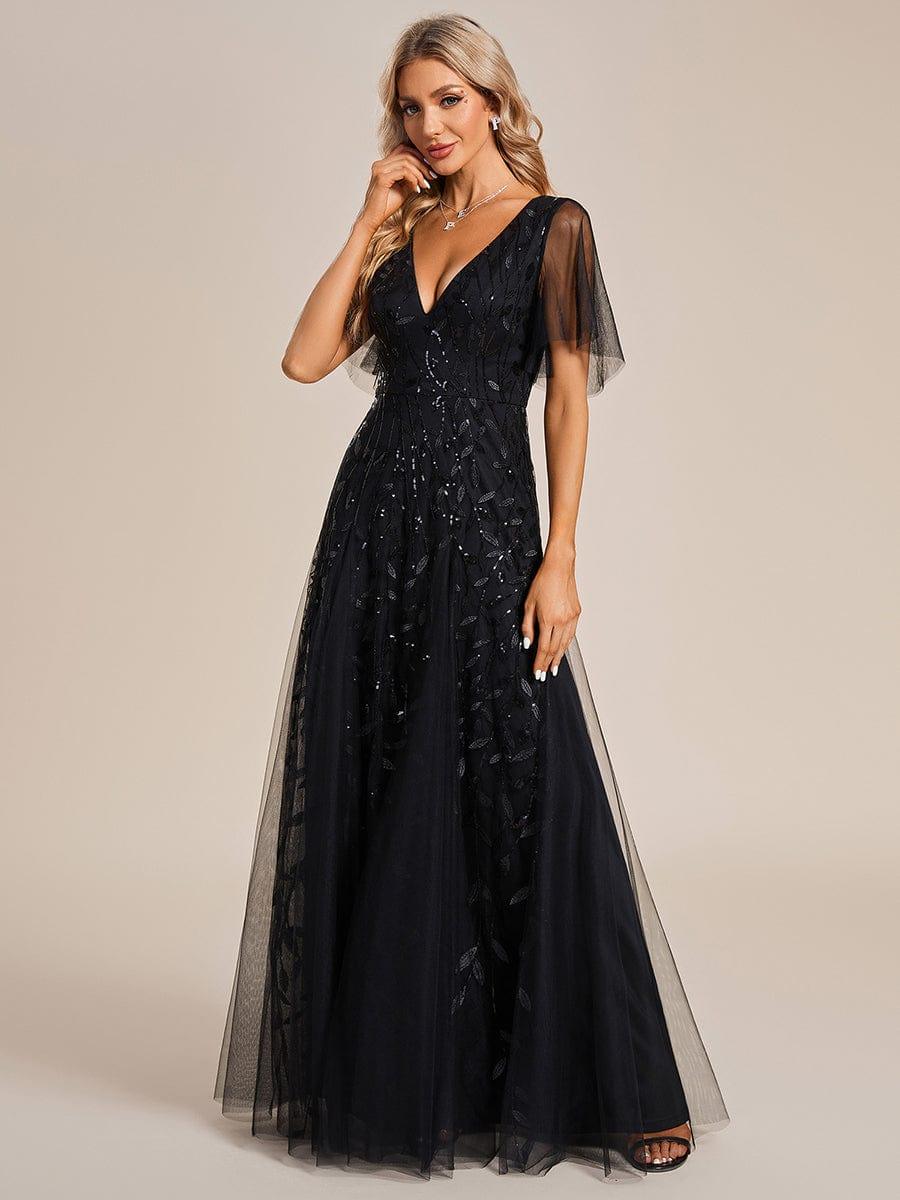 Elegant Ruffle Sleeves Maxi Sequin Mother of the Bride Dress #color_Black