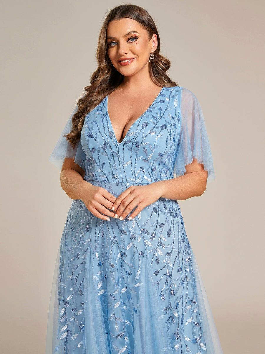 Elegant Ruffle Sleeves Maxi Sequin Mother of the Bride Dress #color_Sky Blue