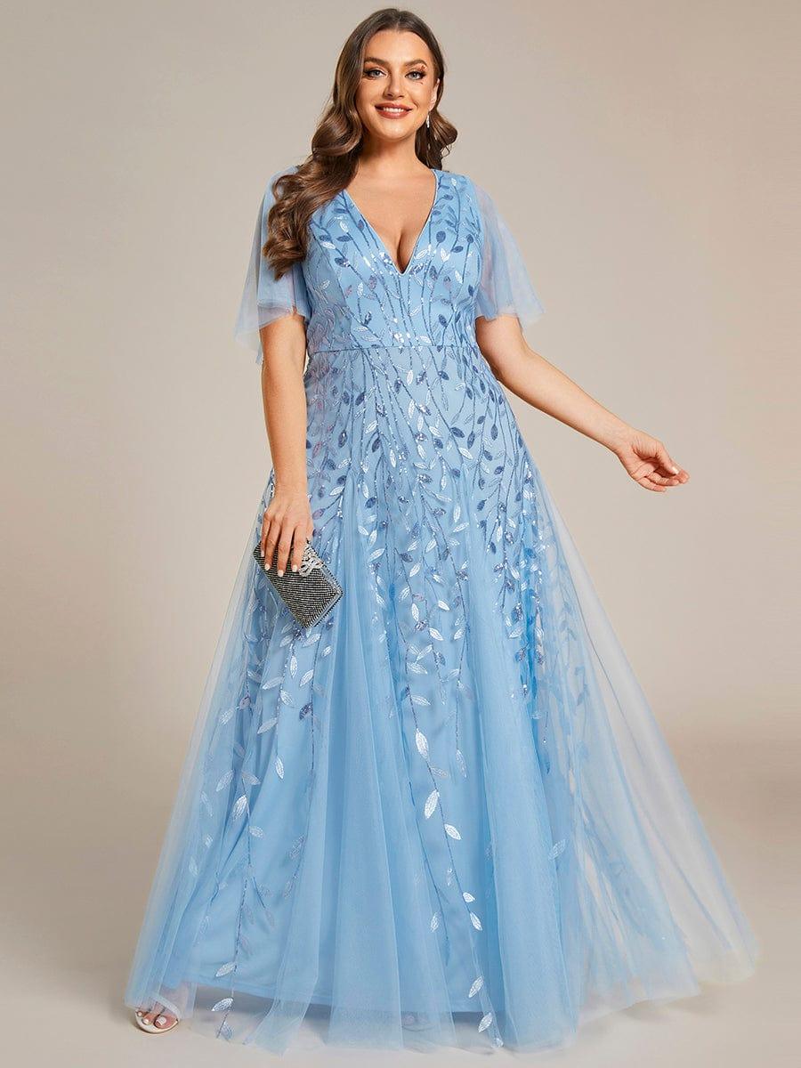 Elegant Ruffle Sleeves Maxi Sequin Mother of the Bride Dress #color_Sky Blue