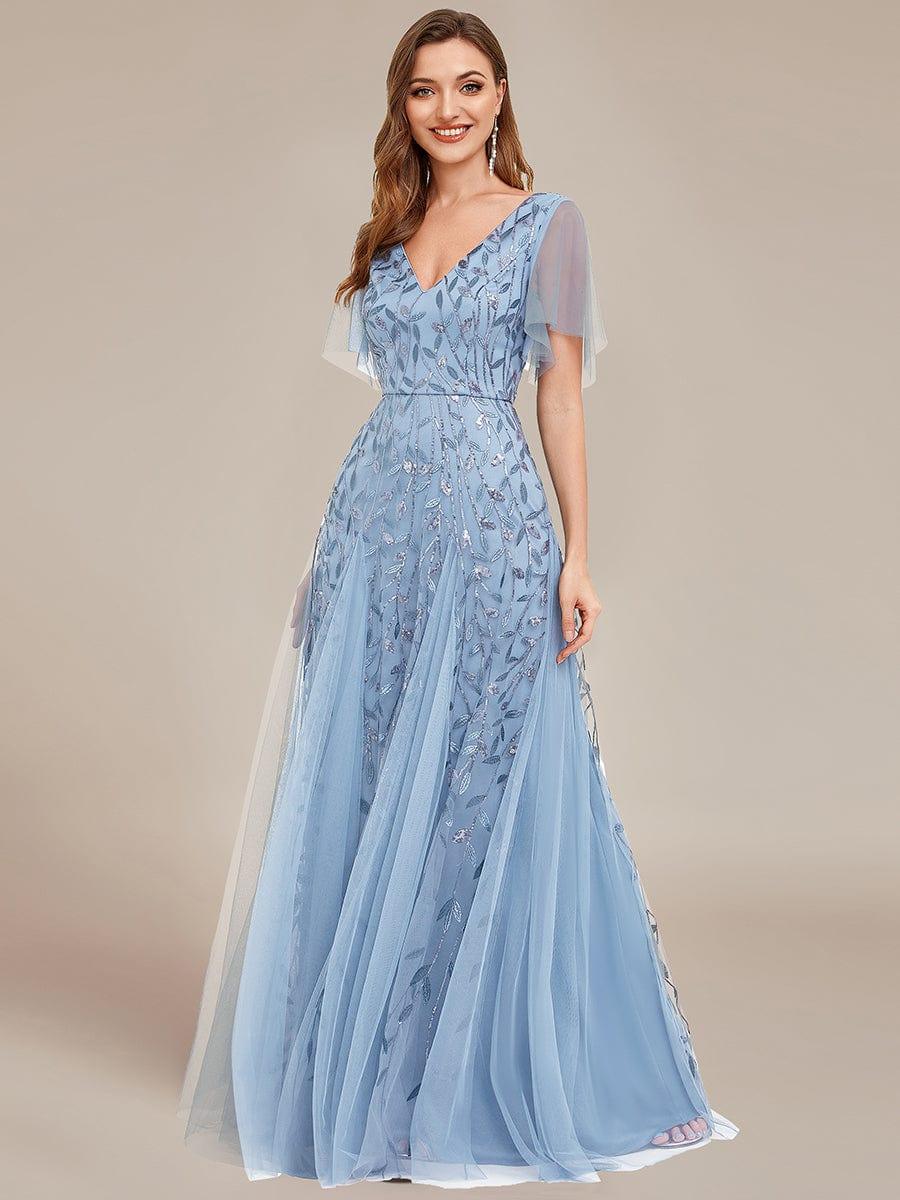 Elegant Ruffle Sleeves Maxi Sequin Mother of the Bride Dress #color_Sky Blue
