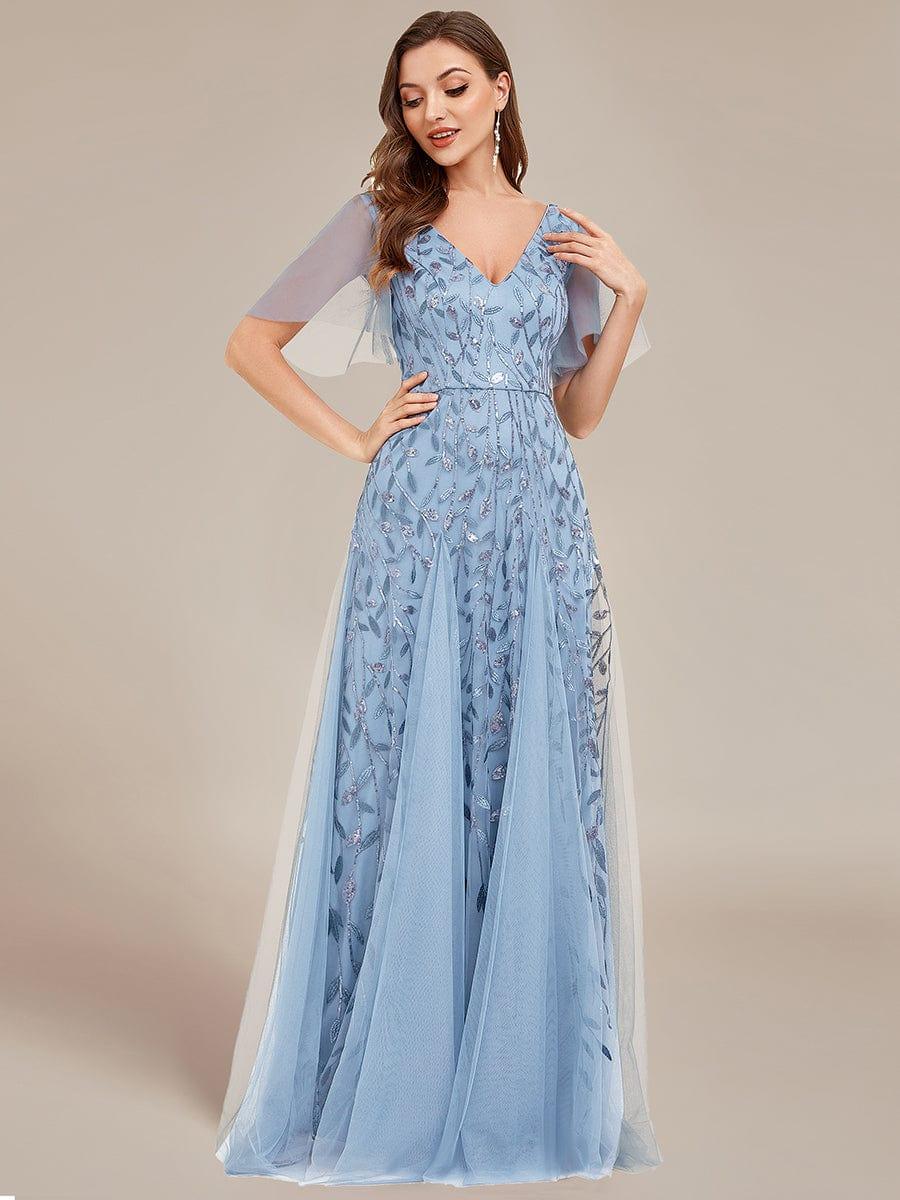 Elegant Ruffle Sleeves Maxi Sequin Mother of the Bride Dress #color_Sky Blue